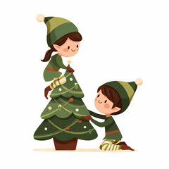 Two cheerful elves are decorating a Christmas tree with festive lights and garlands One elf is climbing the tree while the other helps from below spreading joy