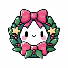 A festive adorable character nestled in a holiday wreath with pink bows and star accents spreading cheer and adding a touch of whimsy to the season