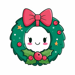 Festive cute Christmas wreath with a joyful face adorned with a red bow berries and golden stars A kawaii holiday decoration