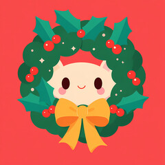 Festive cat in a wreath holly and berries This is a Christmas card design An illustration with a red background making it ideal for holiday greetings