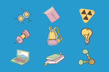 A collection of colorful doodle icons representing various elements of science, education, and technology on a blue background.