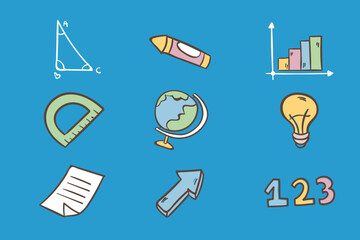 A collection of colorful hand-drawn educational icons including math tools, a globe, a lightbulb, and school supplies on a blue background.