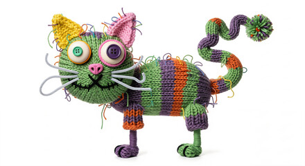 A whimsical, eccentric knitted cat doll with mismatched button eyes, colorful stripes, loose yarn threads, and a long, curly tail.