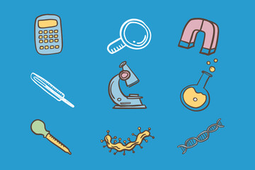 Hand-drawn science equipment and biology elements including a microscope, DNA, and magnet on a blue background.