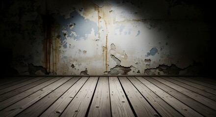An old, grungy room with peeling paint and a wooden floor, illuminated by a spotlight, creating a dark and atmospheric scene perfect for a horror or suspenseful setting