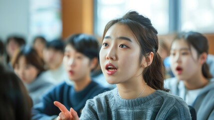 A student presenting a project or speech in front of a classroom or audience.