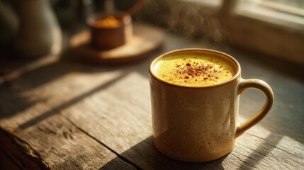 a steaming mug of a golden turmeric latte on a wooden table