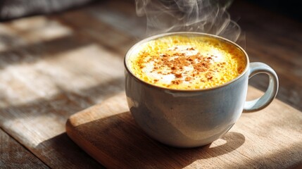 a steaming mug of a golden turmeric latte on a wooden table