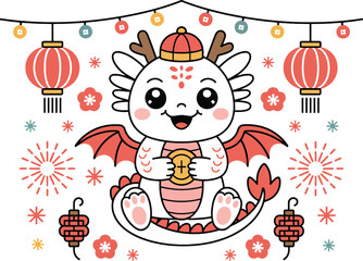 Obraz premium Cute Dragon Character for Lunar New Year 2026 with Lanterns and Fireworks