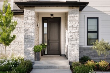 Modern stone facade home entrance with dark door and lush landscaping.