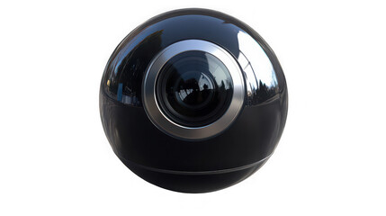Close up shot of a black spherical camera with silver ring on a black background in studio lighting