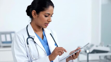 Focused female physician utilizing a tablet for patient data, suitable for contemporary medical technology, diagnostics, and health monitoring - Powered by Adobe