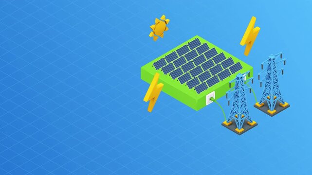Isometric Animation of Solar Panel Energy Generation and Distribution.