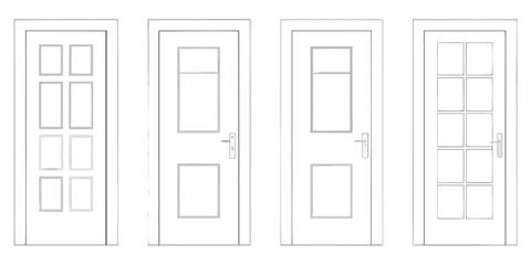 Collection of four different interior door designs with panels and glass inserts in a simple line drawing style
