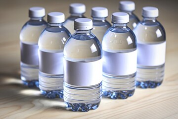 A photograph of a collection of pristine glass water bottles