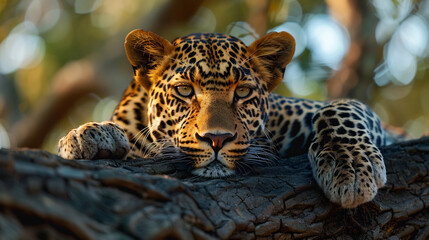 Naklejka premium Intense Gaze of a Majestic Leopard Resting on a Tree Branch, Showcasing its Beautiful Spotted Coat and Powerful Presence in the Wild