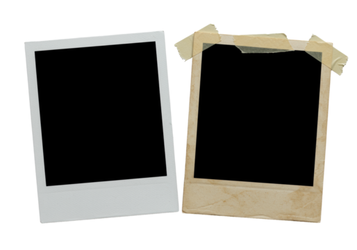 Macro close-up of two distinct instant photo frames, one transparent with fine fibers, one aged with tape and creases, on a transparent background, forensic study of time and texture
