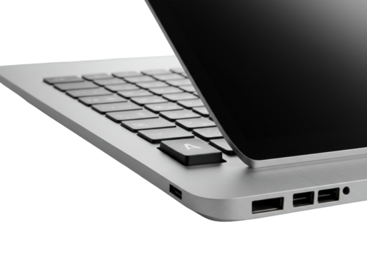 Extreme close-up of sleek silver laptop opening, 'A' keycap pressed with backlight, screen transitioning to ethereal white glow on transparent background. Concept of advanced technology and industrial