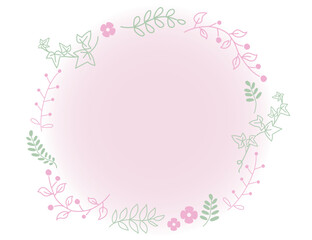 手描きのナチュラルな植物の丸いフレーム素材　ピンクとグリーン