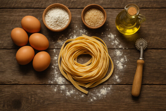 A rustic flat lay composition of fresh pasta and classic ingredients for a homemade culinary delight on a dark wooden table background