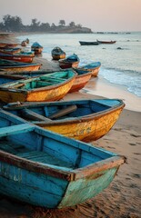 Obraz premium Traditional wooden fishing boats resting on sandy beach at dawn