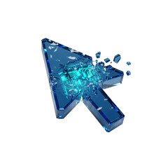 Transparent sapphire cursor arrow fracturing, exposing cyan circuitry, on transparent, close-up, low angle, dramatic lighting, concept of digital precision.