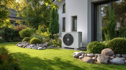 Heat pump installed in a well maintained garden in front of a house.
