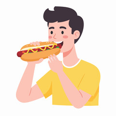 Man eating a hot dog with mustard and ketchup, holding it with both hands, smiling with enjoyment.