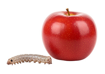 Shiny red apple with a caterpillar crawling near it