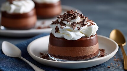 Chocolate dessert with whipped cream and chocolate shavings on a plate