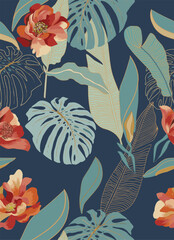 Tropical leaves background vector. monstera leaf pattern. beach shirt pattern. Abstract tropical leaf wallpaper. design for wallpaper, shirt, fabric, wrapping paper.