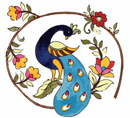 hand paint colorful peacock setting on flower branch. Vector floral summer Illustration background with tropical japanese sakura flowers and peacock. kalamkari  art.