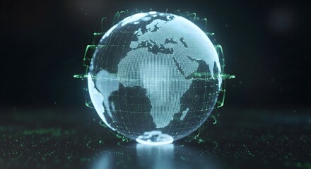Captivating digital visualization of a dotted Earth globe with a glowing network of green lines and particles, symbolizing global technology and connectivity