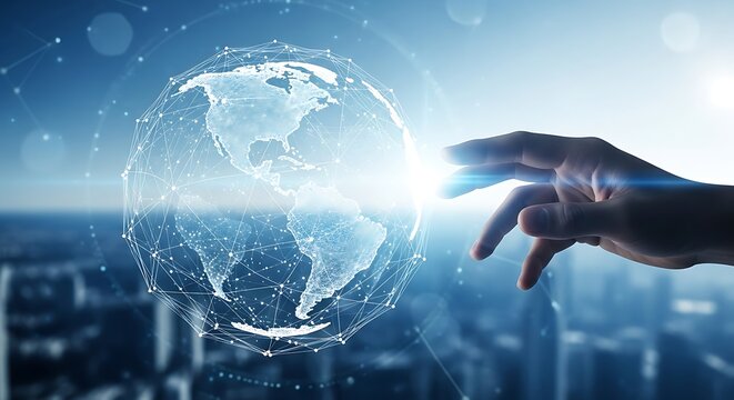 Digital Earth Connection: Hand Touching Global Network over Cityscape