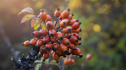 Close up of vibrant rose hips with water droplets in autumn sunlight