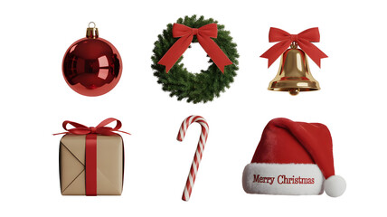 Festive 3D Christmas objects set featuring Santa hat, wreath, ornament, bell, gift, and candy cane isolated on transparent background