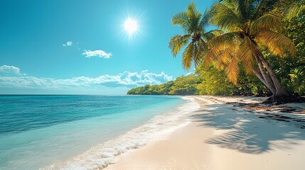 Sunny beach with palm trees and clear blue water under a bright sky in a tropical paradise
