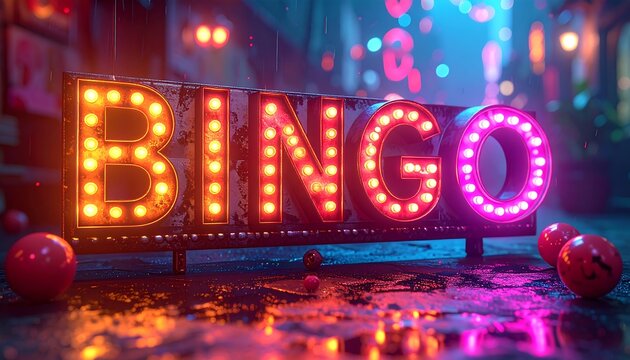 Illuminated "Bingo" sign with red balls, vibrant colors in a neon scene