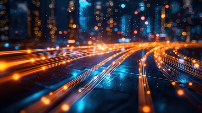 Digital network pathways across a city skyline.  Abstract, glowing lines of light, orange and blue,  converge and diverge across a dark surface. City lights blur in the background