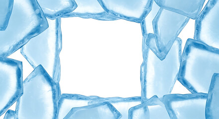 Abstract cool blue ice cubes border with white center blank space for text