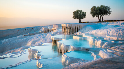 Natural travertine terraces with turquoise water and trees at sunrise in Pamukkale