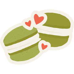 Two Round Green Matcha Flavored Macarons with Cream Filling Decorated with Small Red Hearts on a White Background Transparent Overlay