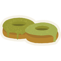 Two Round Matcha Flavored Doughnuts with Green Icing and Sprinkles on a White Background