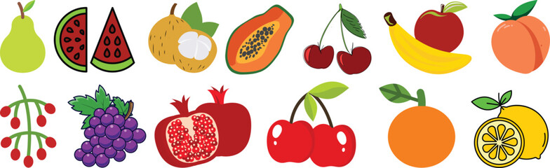 Food fruits glyph icon set. Vector pictograms of banana, strawberry, pineapple, watermelon, grapes, mango, blueberries, peach, cherry, lemon, avocado, pear, kiwi, black sign silhouette illustration. 