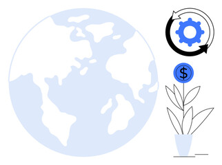 Earth silhouette alongside a plant growing a dollar sign, and a circular gear process icon. Ideal for sustainability, ecology, green economy, innovation, finance, global growth, simple flat metaphor