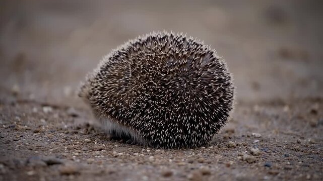 Small hedgehog curled up on the ground, a wild animal in its natural habitat.