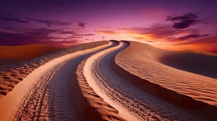 Naklejka premium Desert landscape with tire tracks curving over sand dunes against a colorful sunset