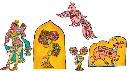 antique hand paint  madhubani art isolated on white background. madhubani painting. seamless kalamkari pattern design. abstract animal print design.