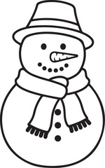 Cute cartoon snowman character with a hat, scarf, and carrot nose smiling on a white background for Christmas and winter holiday season illustration
