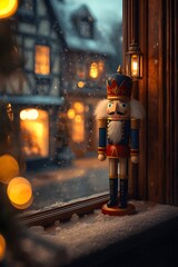 Nutcracker Figure on a Snowy Windowsill with Blurry Village Background
